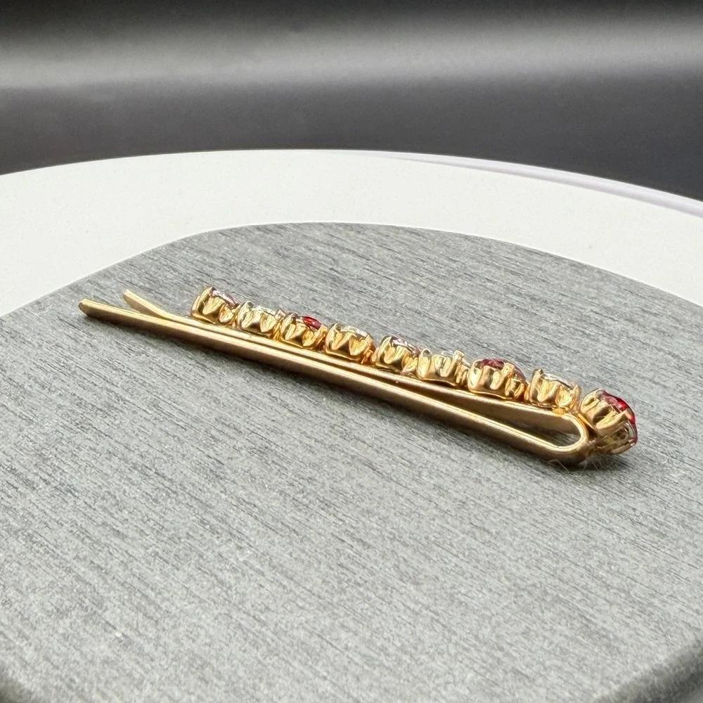 Gold Tone Red Clear Rhinestone Hair Barrette Clip Prong Set Bridal Accessory